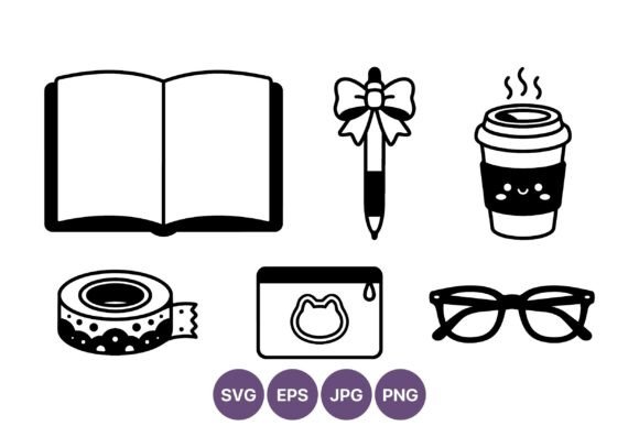 Cute Black and White Graphics for Crafting: Pen, Bow, Coffee Cup & More