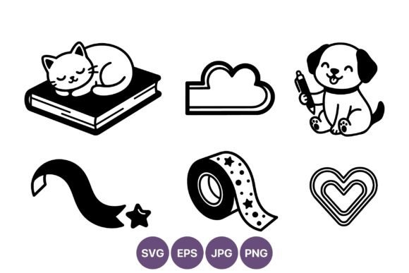 Cute Cat Dog Ribbon Star Heart Icons: Graphics for Branding and Illustrations for Marketing